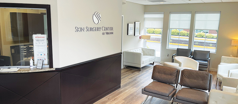Interior shot of the patient waiting area and reception desk